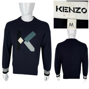 Kenzo Mens Medium Sweater Wool Nylon Blend Blue Knit Logo Triko Crewneck Casual
